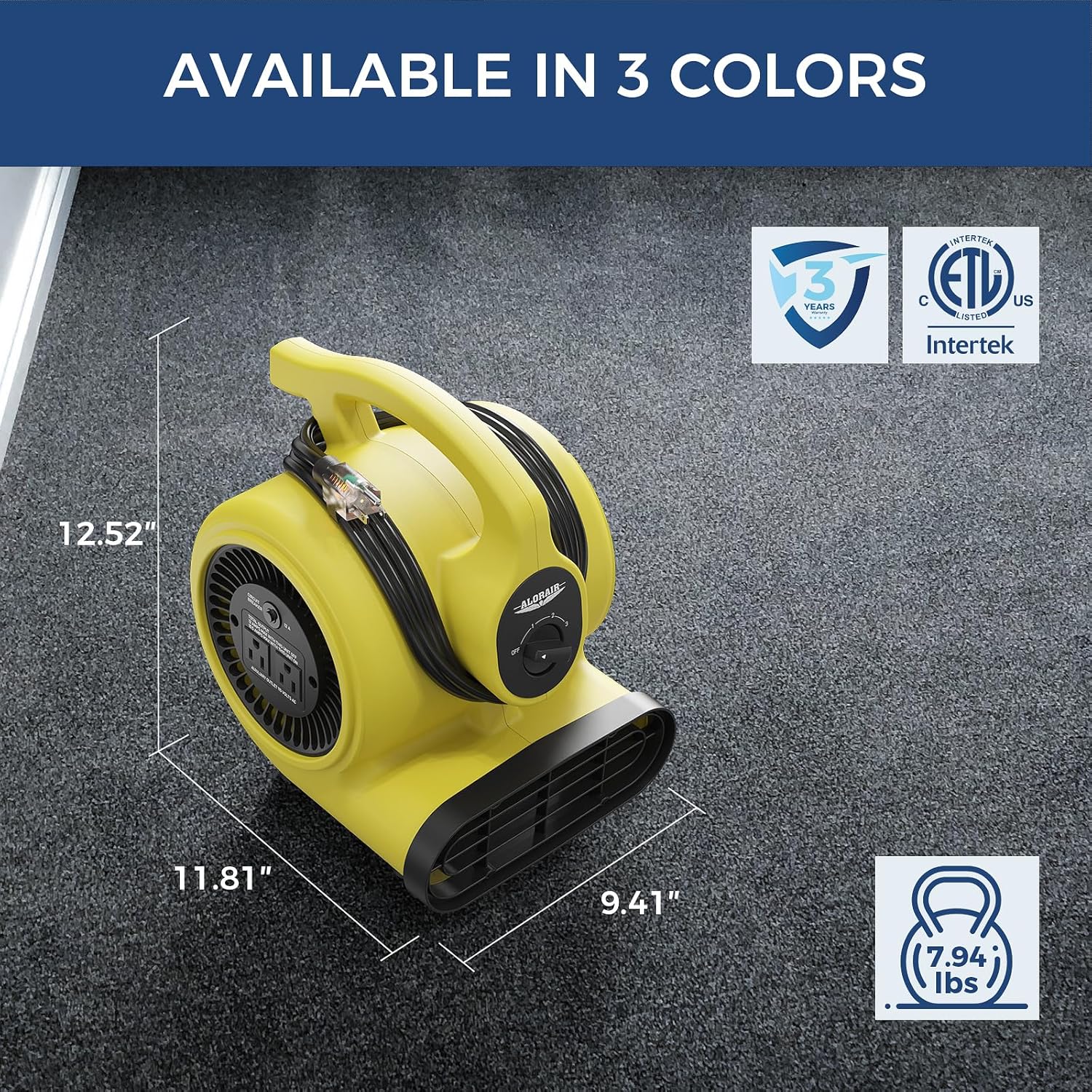 AlorAir® 600 CFM Air Mover with 3 Speeds, 5 Angles and Daisy Chain for Floor Drying Blower Fan | GF600A Yellow