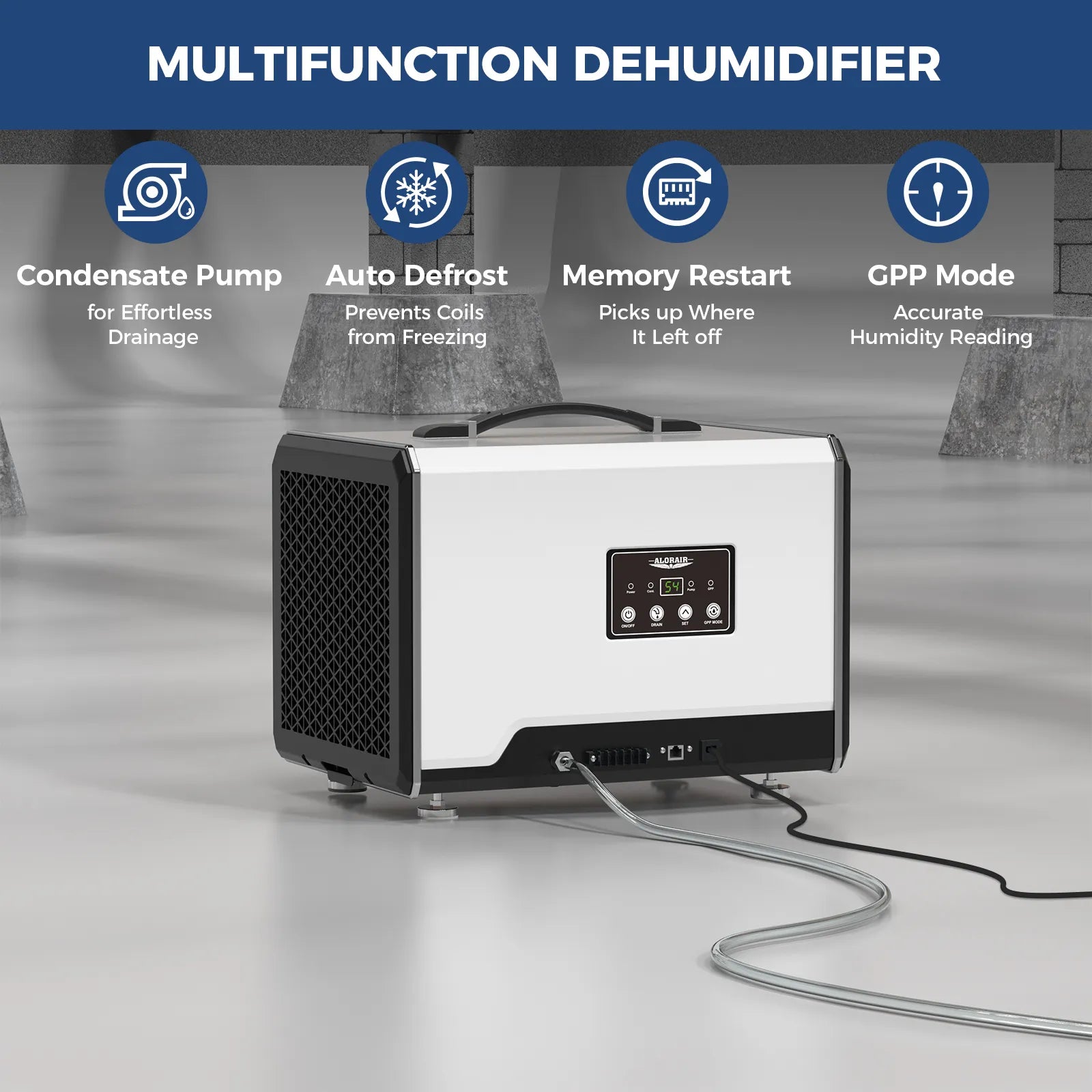 AlorAir 120 PPD Crawl Space Dehumidifier with Pump and Drain Hose, Size for 1500 sq.ft | Helios MP55