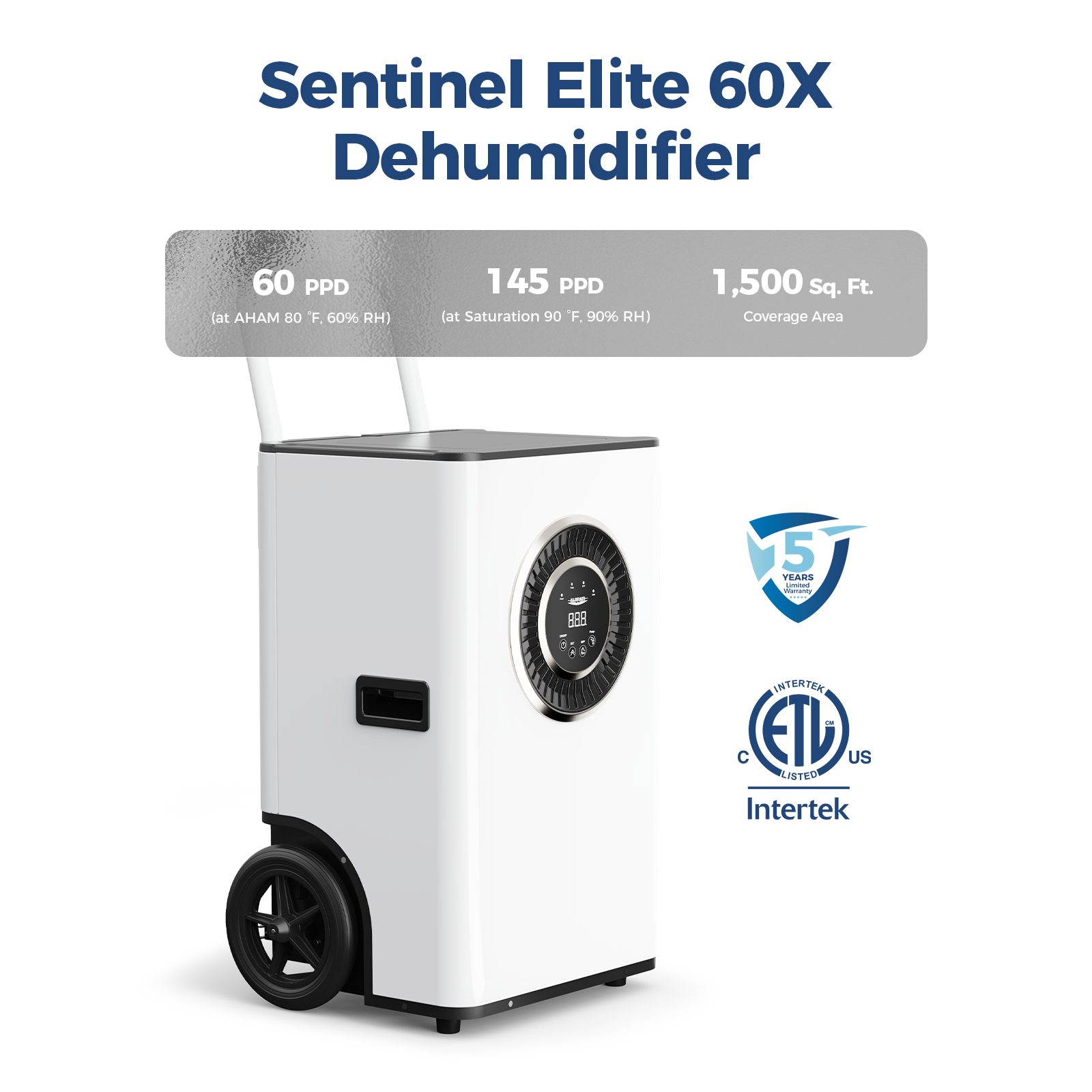 AlorAir® Sentinel Elite60X 145PPD Commercial Dehumidifier with Pump & Drain Hose for 1500 sq.Ft