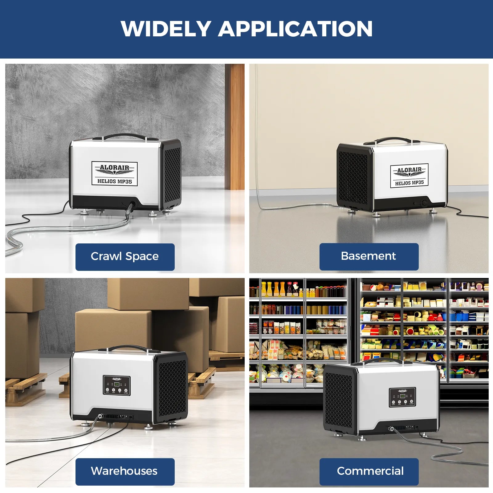 AlorAir 70 PPD Crawl Space Dehumidifier with Pump and Drain Hose, Size for 1000 sq.ft | Helios MP35