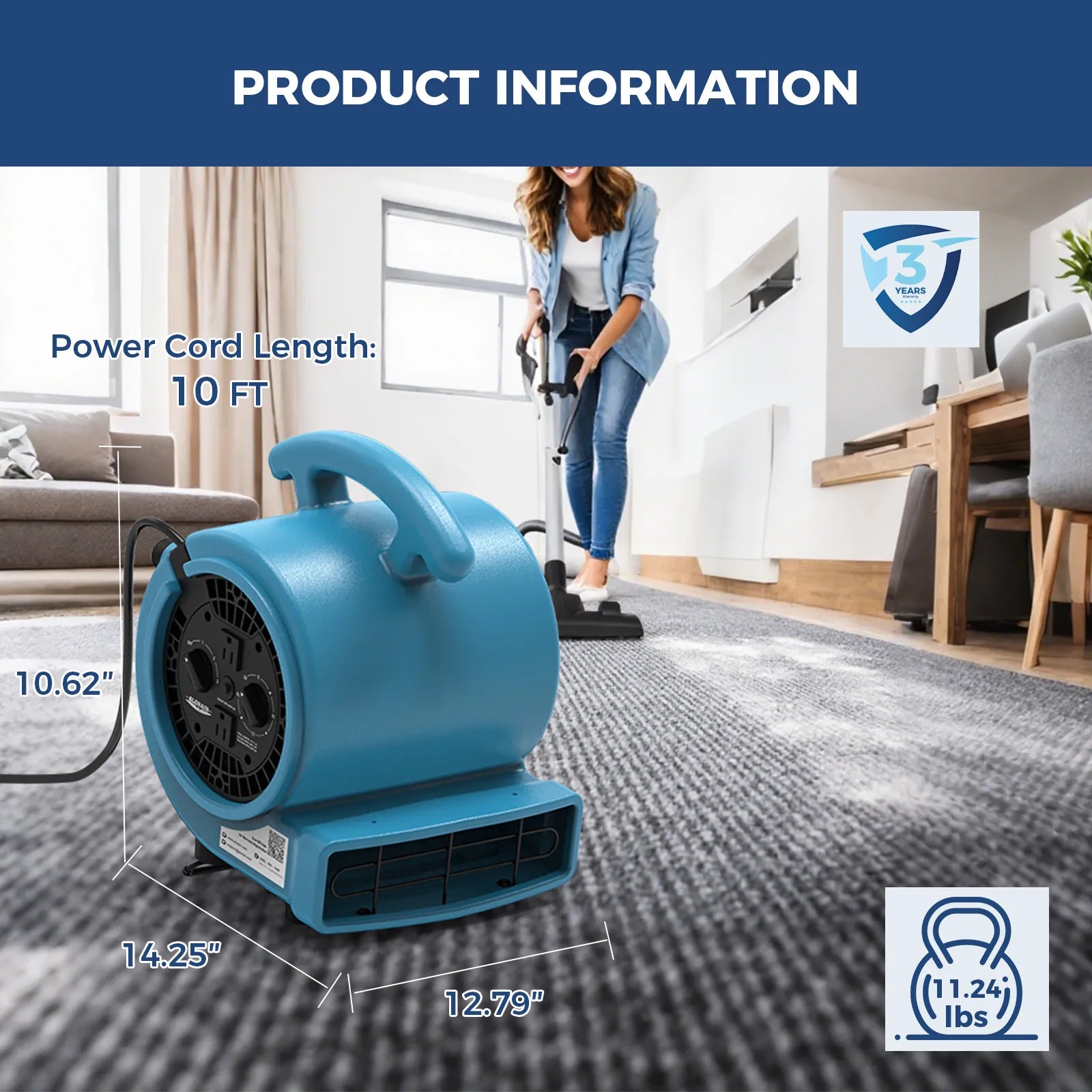 AlorAir® 1000 CFM Air Mover Blower Fan with with 3 Speeds and 5 Adjustable Angles & Timer for Floor Drying Fan and Carpet Dryer | GE1000AT