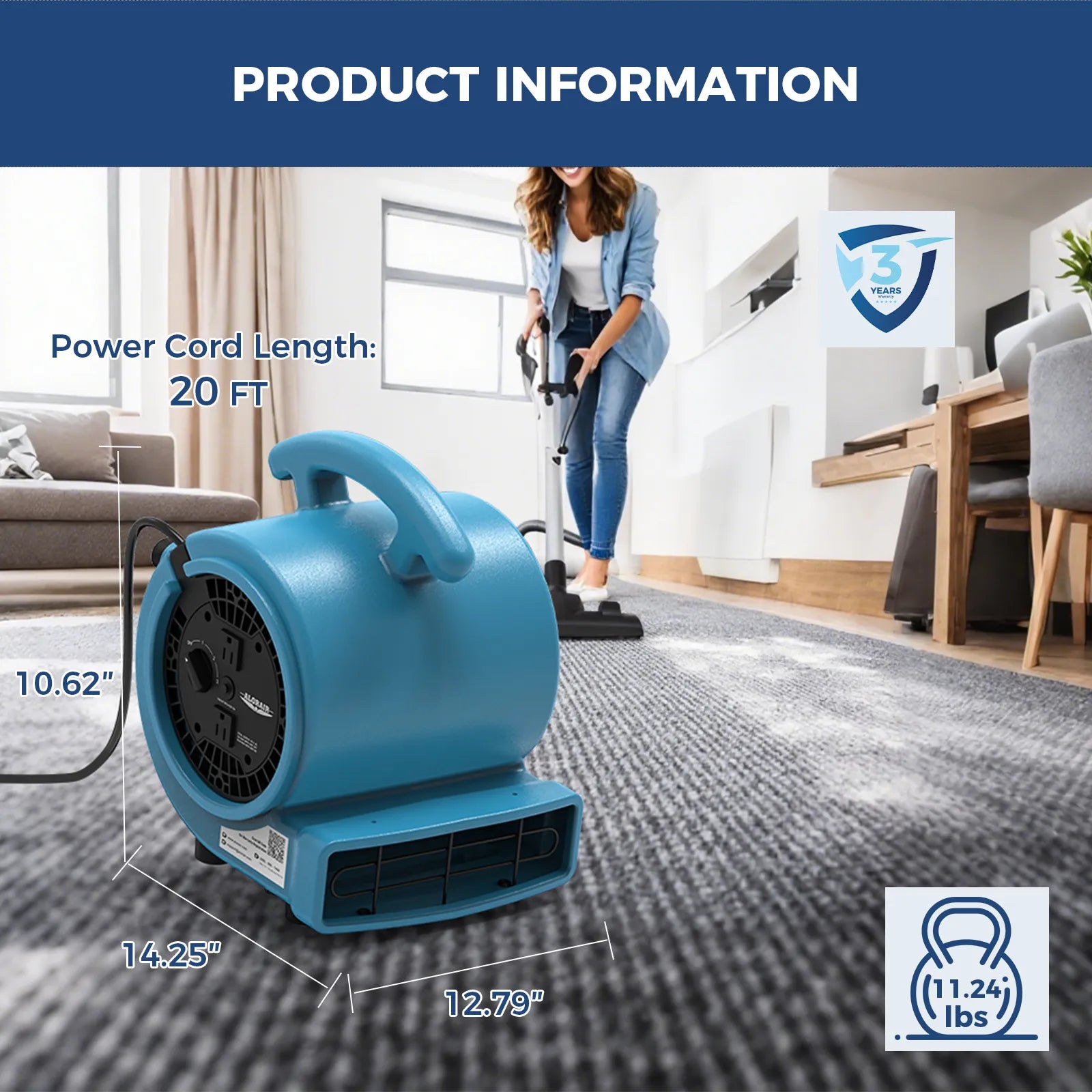 AlorAir® 1000 CFM Air Mover Blower Fan with with 3 Speeds and 5 Adjustable Angles for Floor Drying Fan | GE1000A