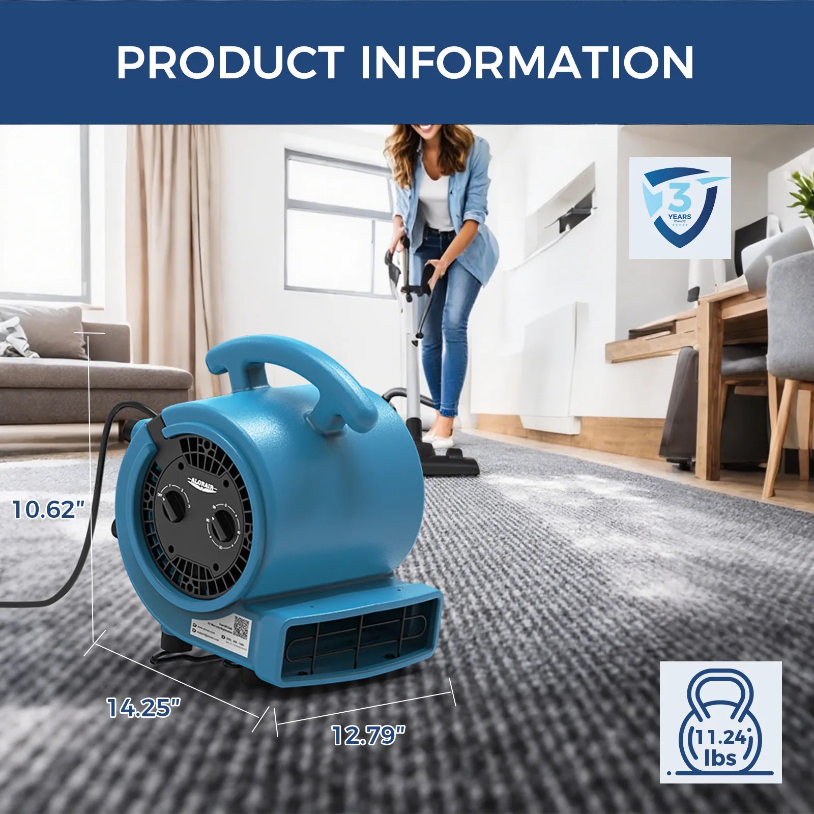 AlorAir® 1000 CFM Air Mover Blower Fan with with 3 Speeds and 5 Adjustable Angles & Timer for Floor Drying Fan | GE1000T