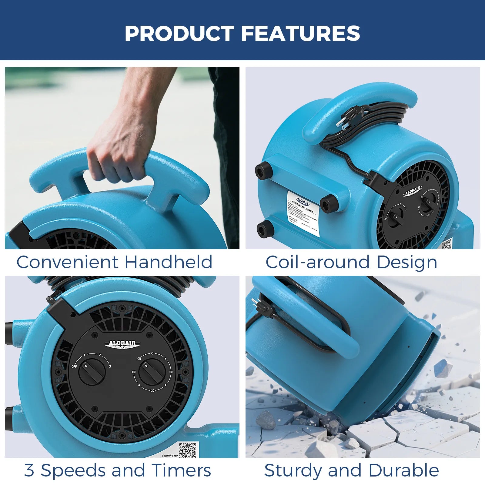 AlorAir® 1000 CFM Air Mover Blower Fan with with 3 Speeds and 5 Adjustable Angles & Timer for Floor Drying Fan | GE1000T