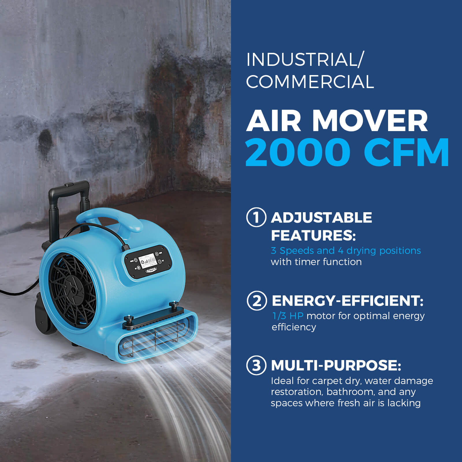 Alorair® 2000 CFM Air Mover with Timer, Handle Wheelkit and Carpet Buckles for Floor Drying Blower Fan | GE2000HCW
