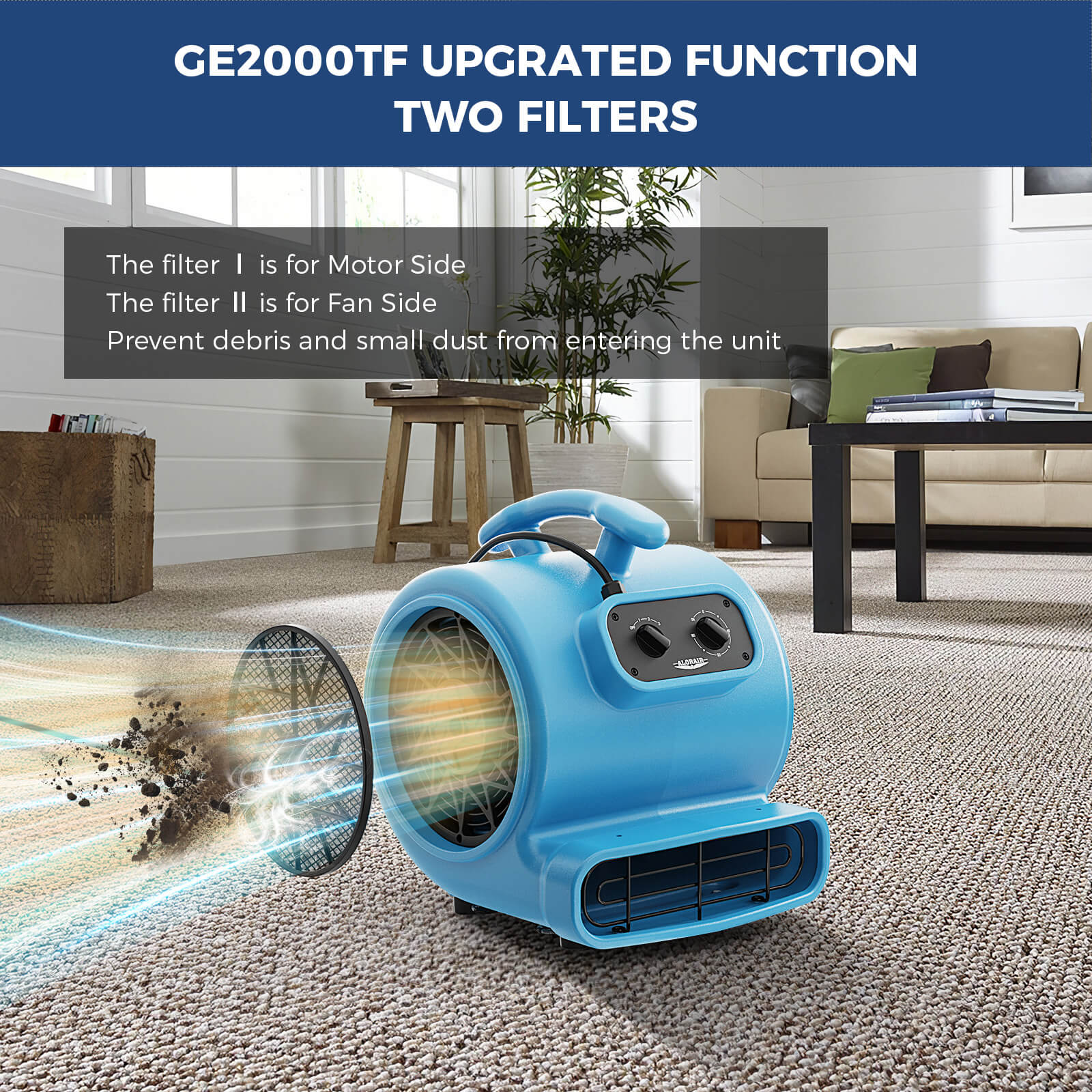 AlorAir® 2000 CFM Air Mover with Timer and MERV-1 Filter for Floor Drying Blower Fan | GE2000TF