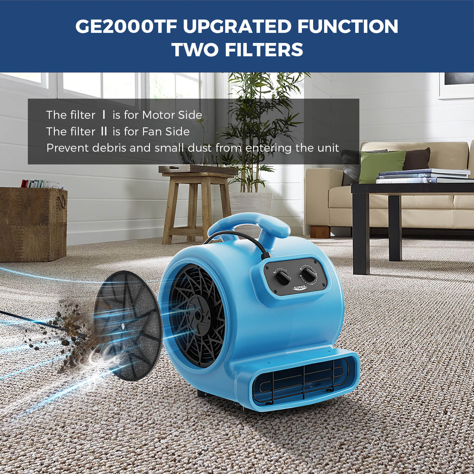 AlorAir® 2000 CFM Air Mover with Timer and MERV-1 Filter for Floor Drying Blower Fan | GE2000TF