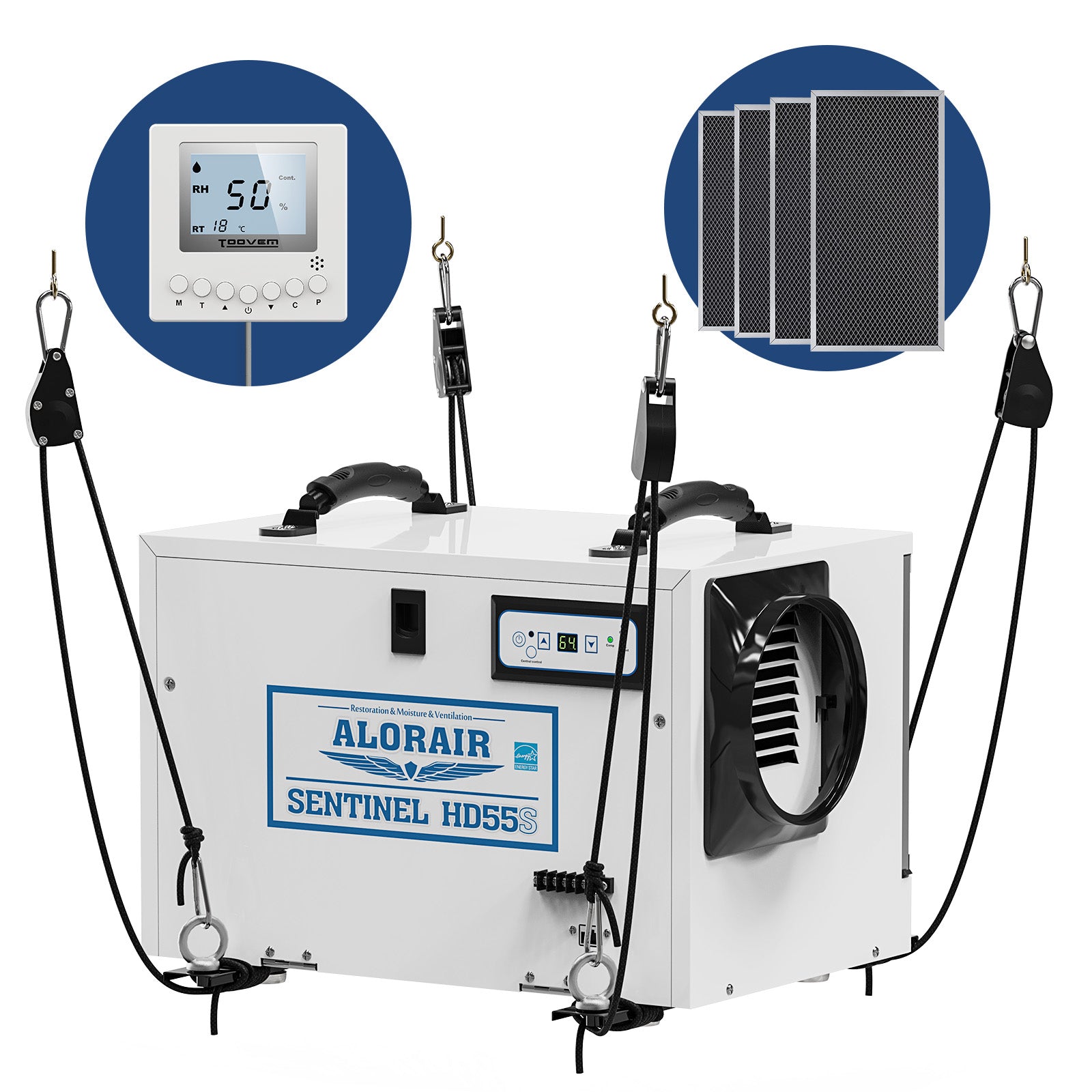 Alorair dehumidifier package，1*HD55S white dehumidifier+1*Remote Controller+1*Hanging Kits+ 4 pack MERV-1  filter