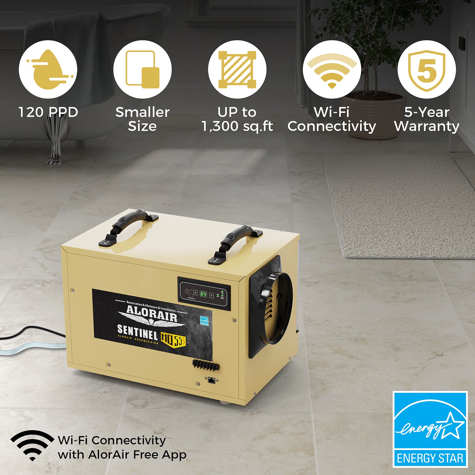 ALORAIR 120 PPD Commercial Dehumidifier, with Drain Hose for Crawl Spaces (Yellow) | Sentinel HD55S