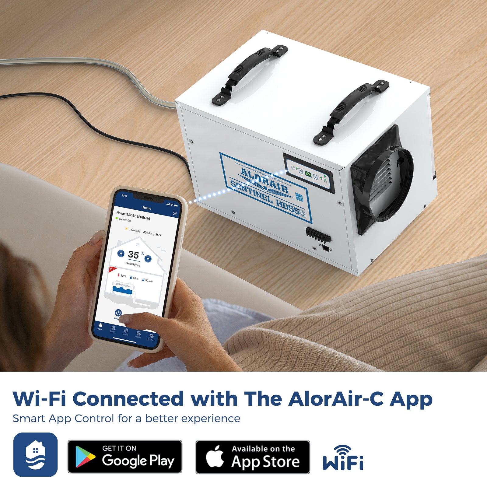 AlorAir® App Controlled Dehumidifier Removal 120PPD| Sentinel HD55S White WIFI | Size for 1300 sq.ft