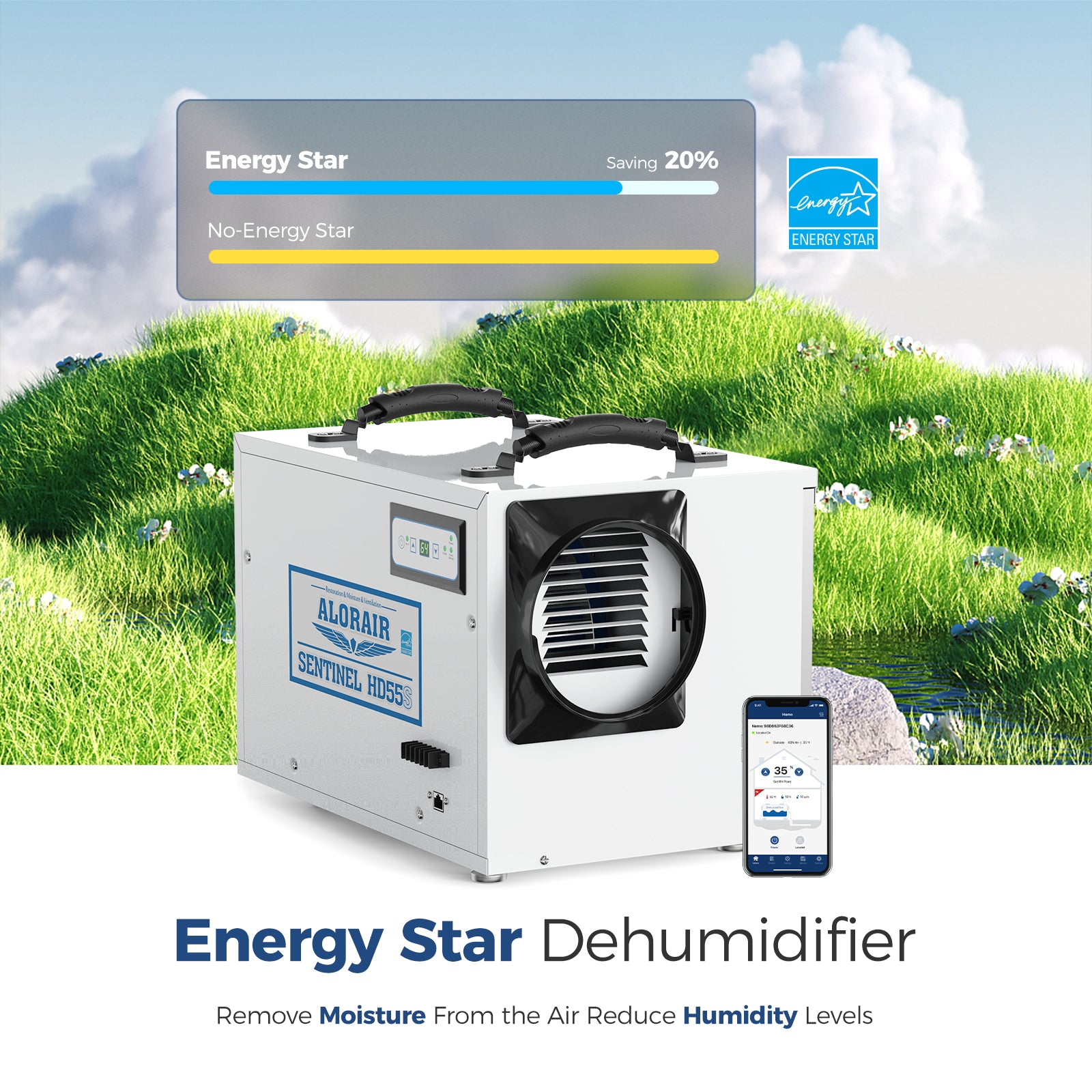 AlorAir® App Controlled Dehumidifier Removal 120PPD| Sentinel HD55S White WIFI | Size for 1300 sq.ft