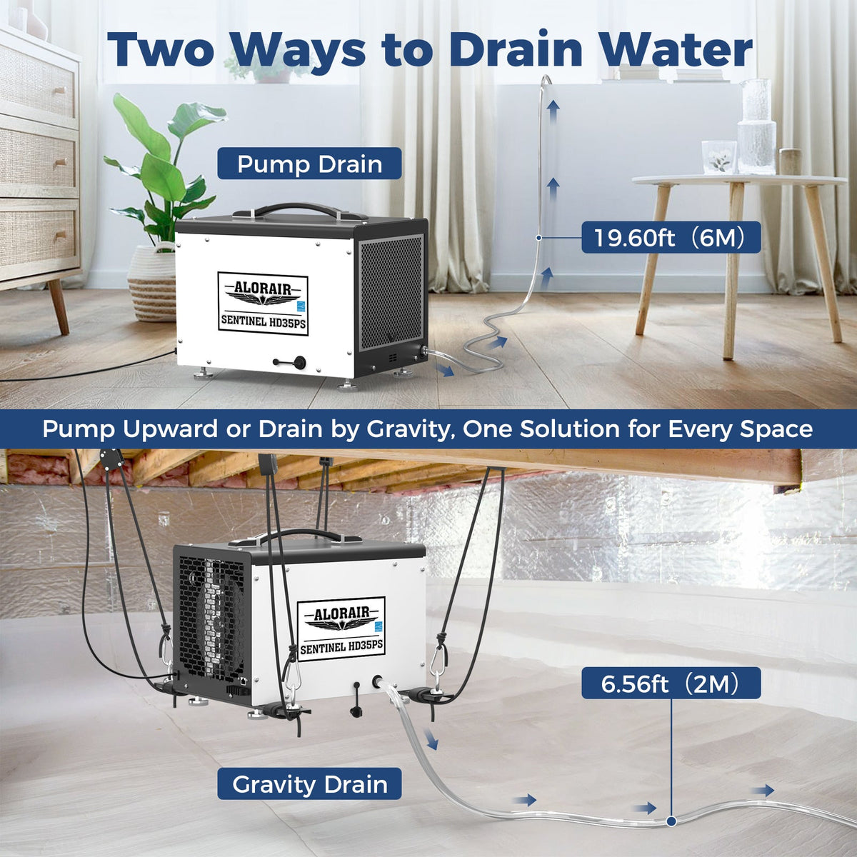 AlorAir 70 PPD Crawl Space Dehumidifier with Pump and Drain Hose, Size for 1000 sq.ft | Sentinel HD35PS
