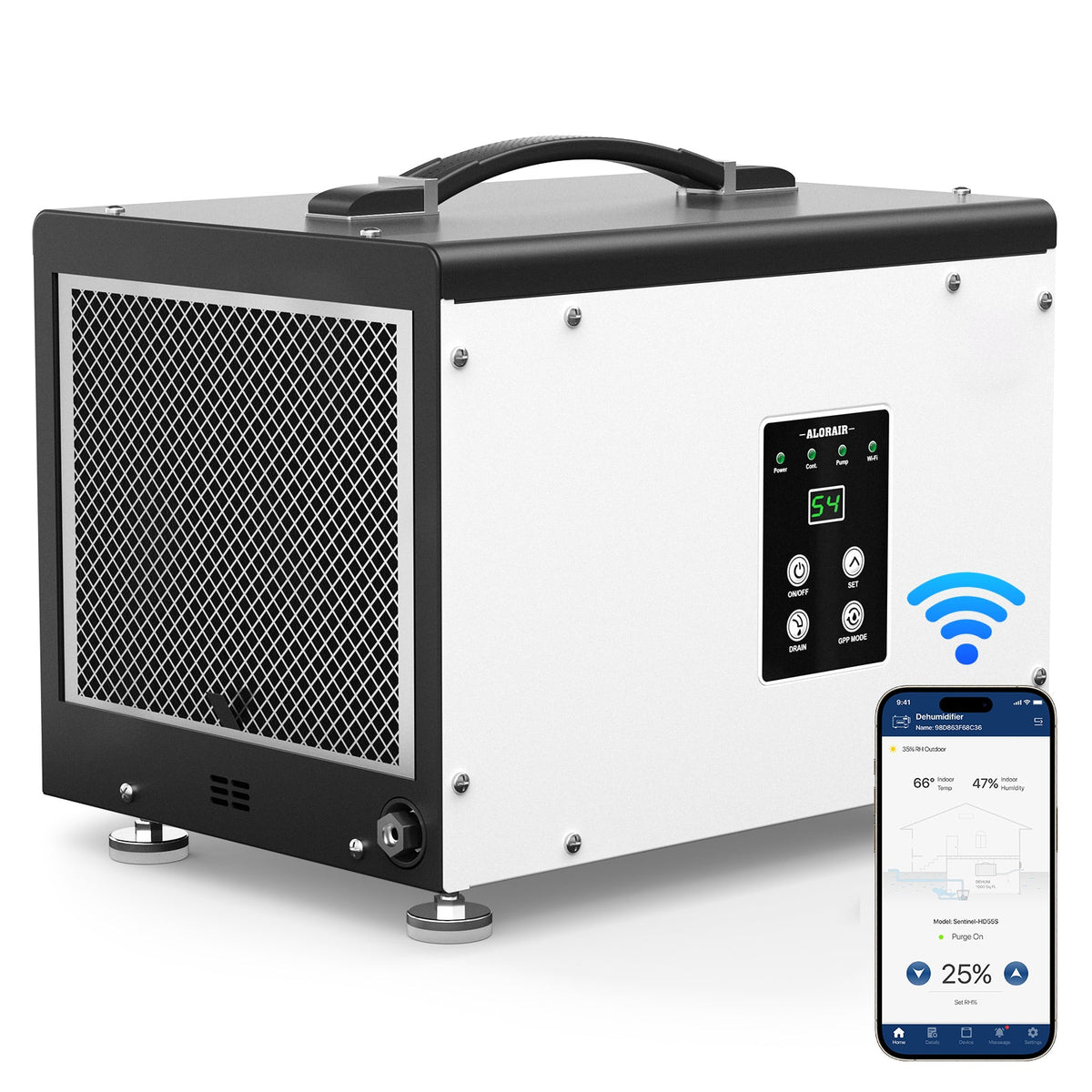 AlorAir WiFi 70 PPD Crawl Space Dehumidifier with Built-In Pump and Drain Hose | Sentinel HD35PS WIFI | Size for 1000 Sq. Ft