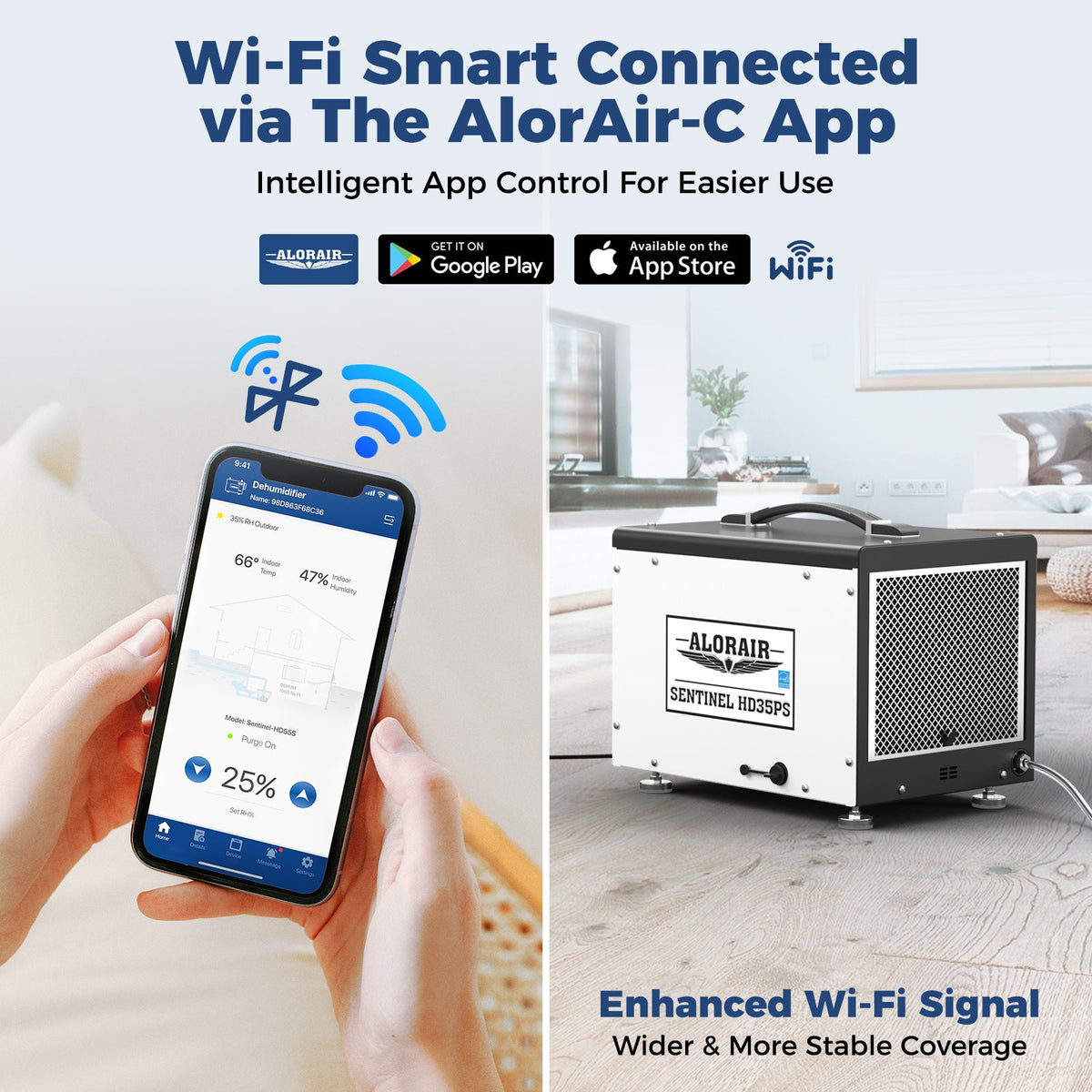 AlorAir WiFi 70 PPD Crawl Space Dehumidifier with Built-In Pump and Drain Hose | Sentinel HD35PS WIFI | Size for 1000 Sq. Ft