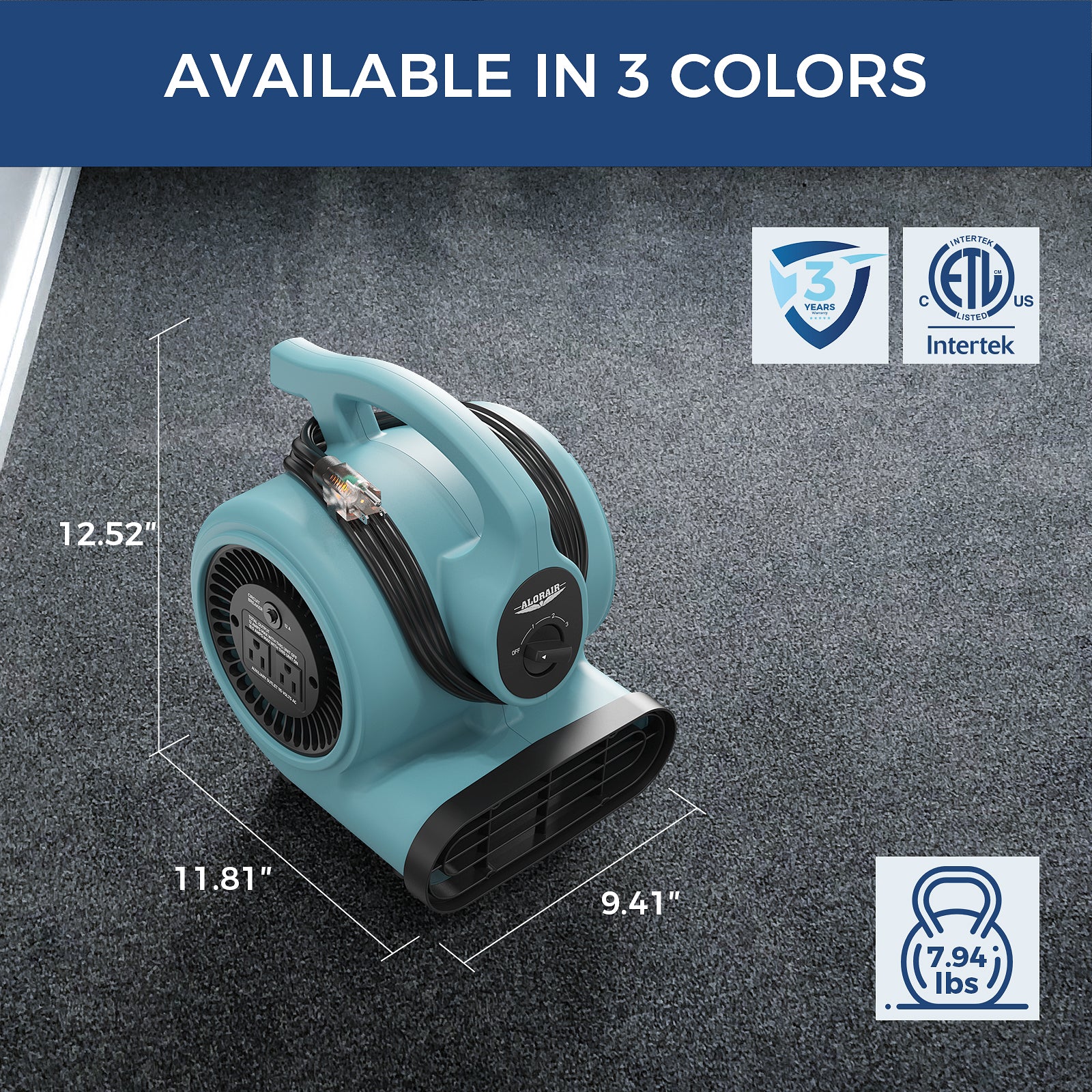 AlorAir® 600 CFM Air Mover with 3 Speeds, 5 Angles and Daisy Chain for Floor Drying Blower Fan | GF600A Blue