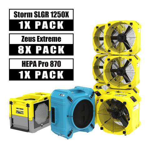 AlorAir® Commercial Pack, 1 X Storm SLGR 1250X Smart WIFI Dehumidifier, 8 X Zeus Extreme Air Movers and 1 X HEPA Pro 870 Air Scrubber Water Damage Restoration Equipment Package