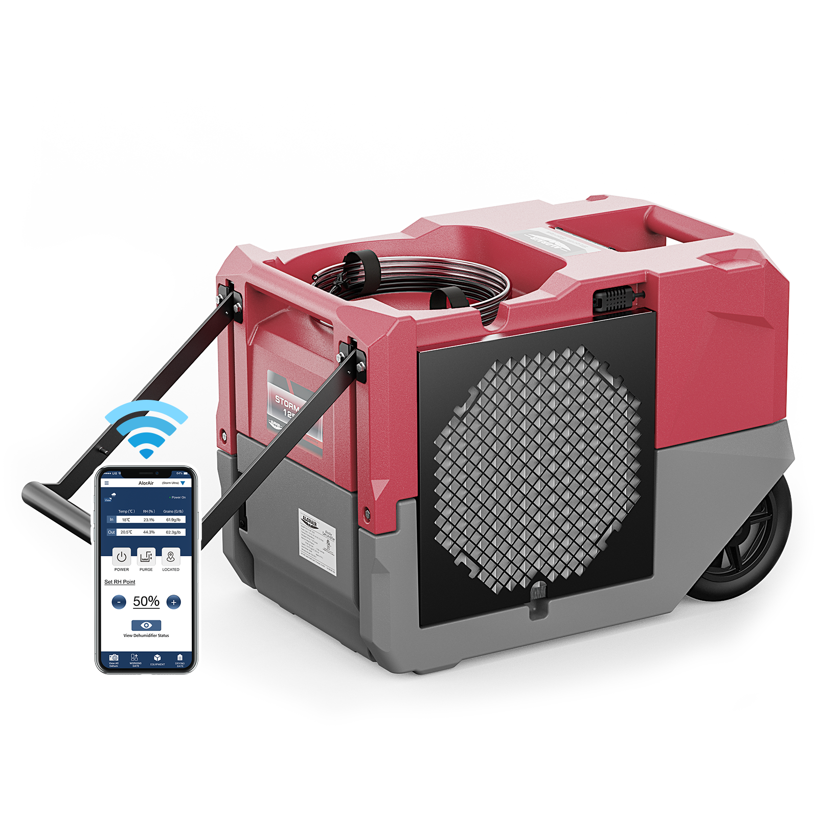 AlorAir® Storm LGR 1250X | Smart Wi-Fi 264 PPD Industrial Commercial Dehumidifiers with Pump for Basements, Garages, and Job Sites, Red