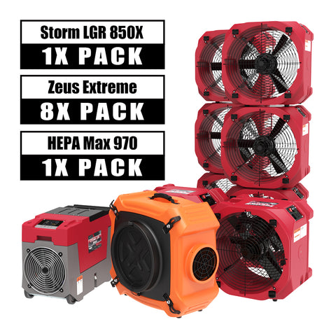 AlorAir® Commercial Pack, 1 X Storm LGR 850X Smart WIFI Dehumidifier, 8 X  Zeus Extreme Air Movers and 1 X HEPA Max 970 Air Scrubber Water Damage Restoration Equipment Package