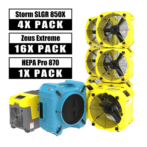 AlorAir® Commercial Pack, 4 X Storm SLGR 850X Dehumidifier, 16 X Zeus Extreme Air Movers and 1 X HEPA Pro 870 Air Scrubber Water Damage Restoration Equipment Package