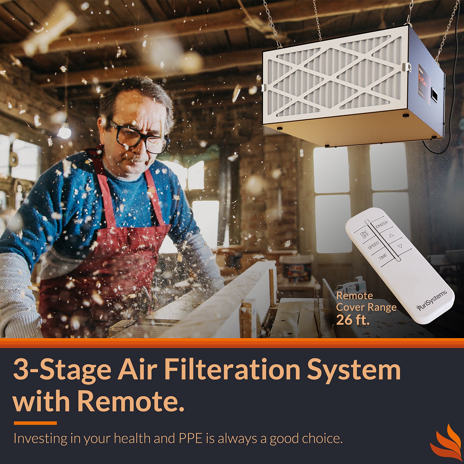 Purisystems 1100 CFM Air Filtration System 3-Speed Remote, up to 1100 sq. ft Built-in Ionizer Hanging Air Filter | Puricare 1100IG